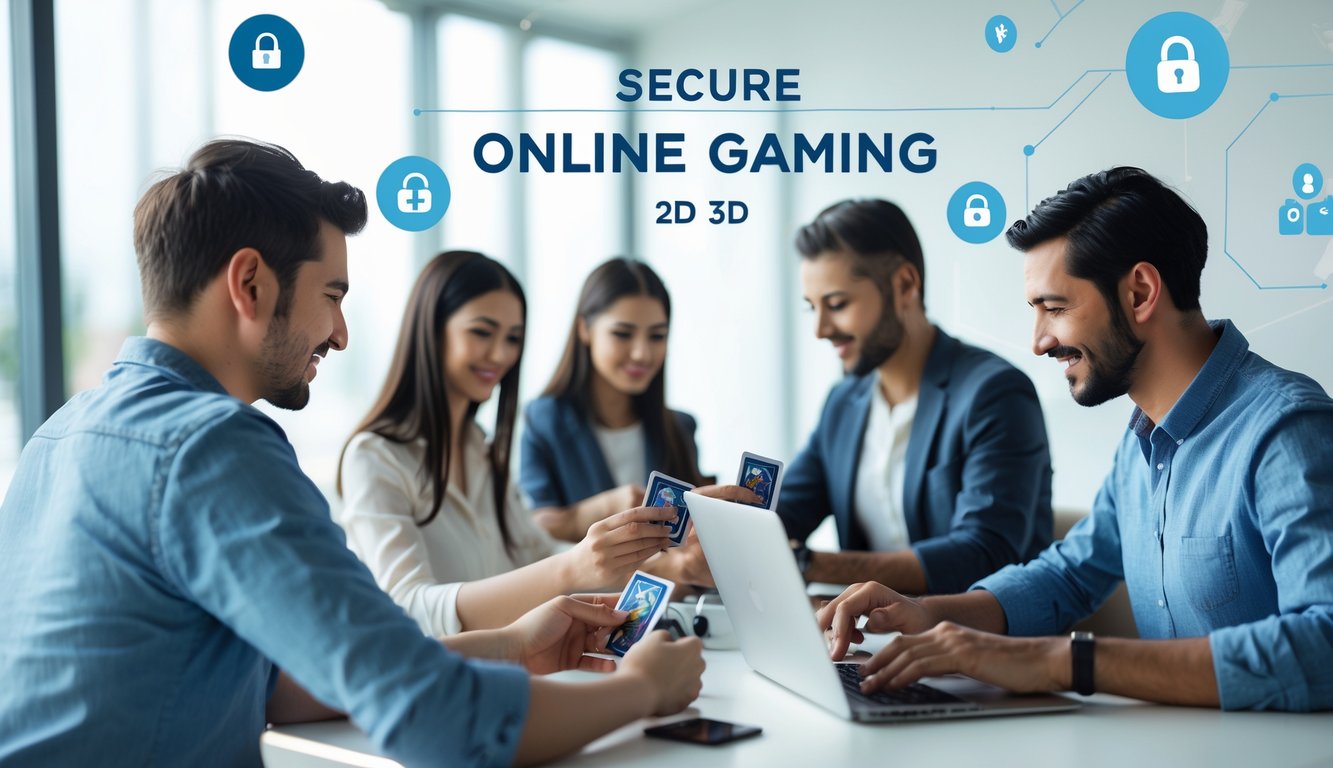 Beberapa orang sedang bermain permainan kartu online menggunakan laptop dan ponsel di ruangan yang nyaman dan terang.