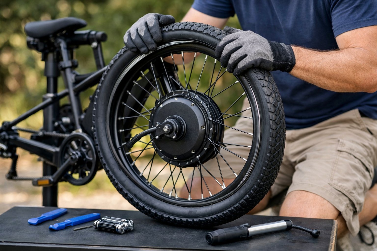 A person reinstalling a tire on an electric bike wheel outdoors, with tools nearby.