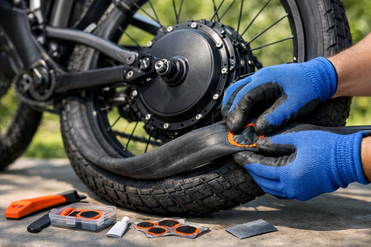 Person repairing a flat tire on an electric bike outdoors with tools nearby.