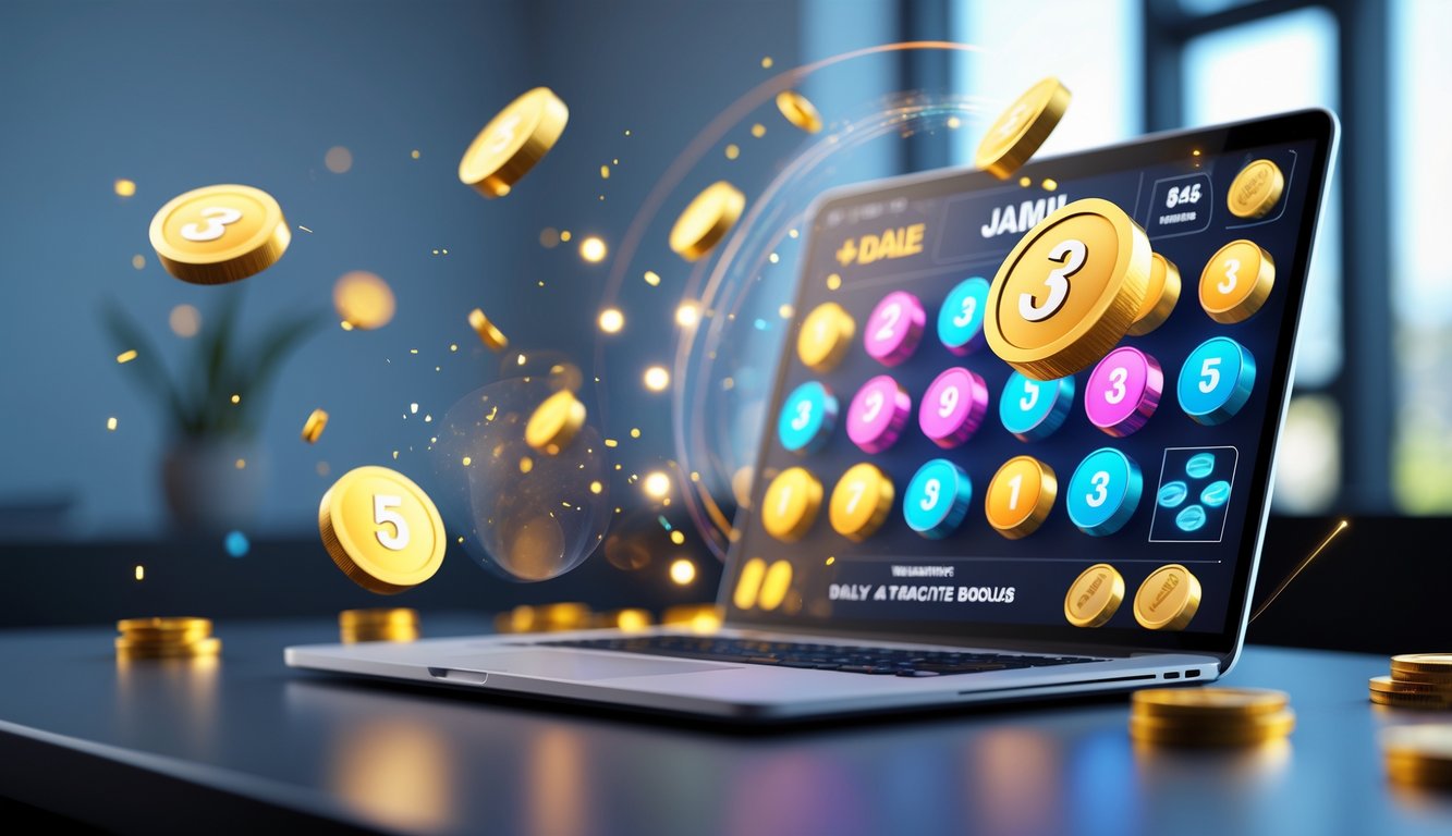 Meja kerja modern dengan komputer menampilkan grafik 3D angka lotere dan koin digital yang bersinar, menggambarkan suasana permainan lotere online yang menarik dan profesional.