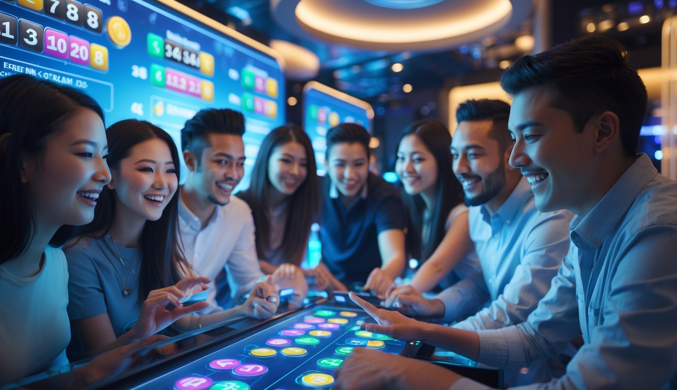 Sekelompok pemain sedang bermain permainan lotere 3D di layar digital dengan suasana ruangan modern dan pencahayaan hangat.
