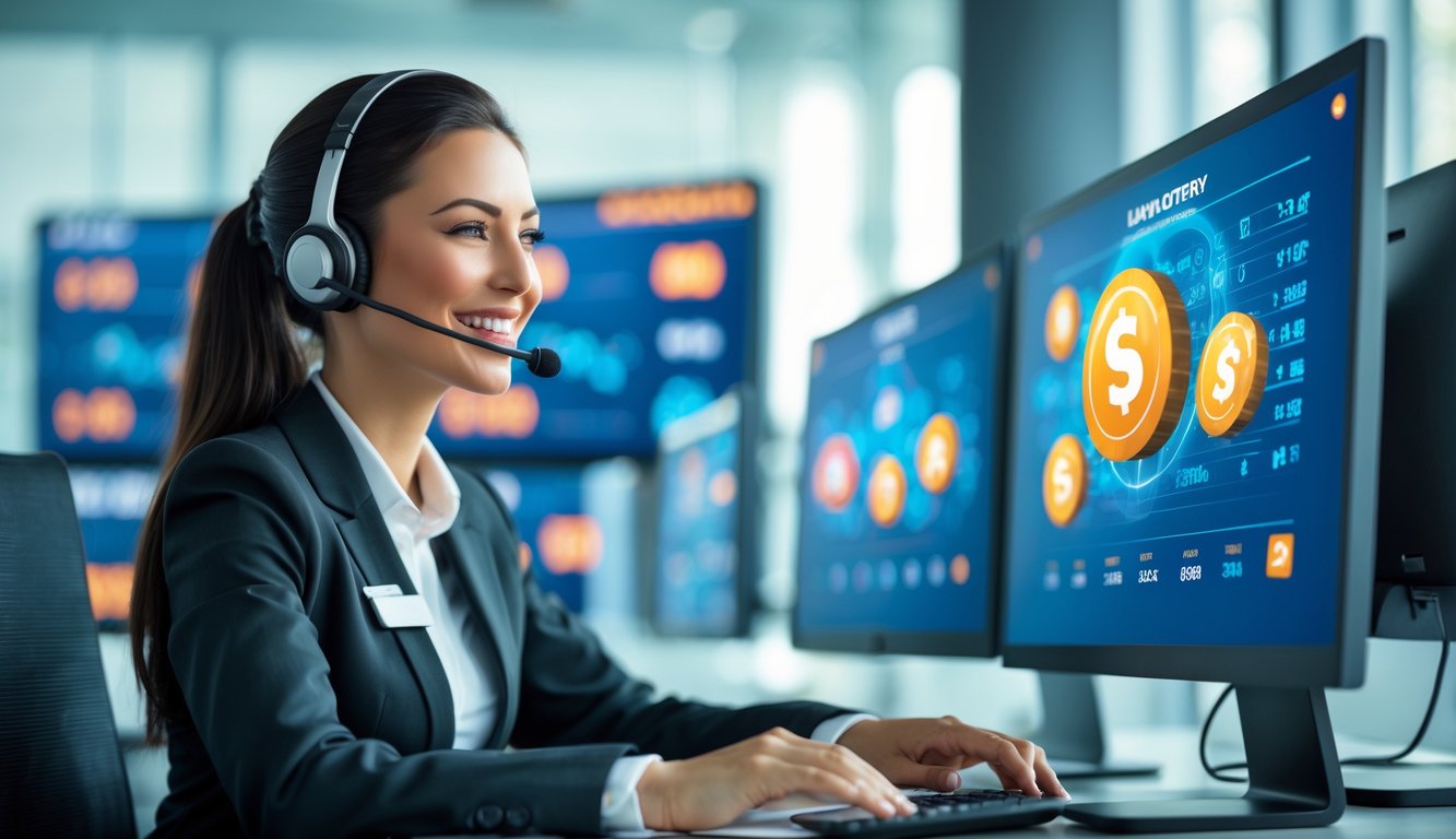 Seorang staf layanan pelanggan sedang bekerja di kantor modern dengan beberapa layar komputer yang menampilkan grafik digital dan angka.