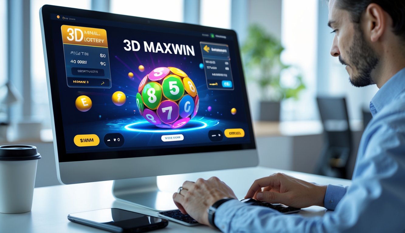 Seseorang sedang menggunakan komputer dengan tampilan permainan lotre 3D di meja kerja yang rapi.