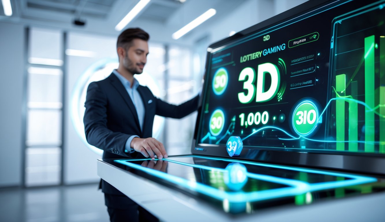 Orang menggunakan antarmuka digital modern dengan angka 3D dan grafik di layar dalam ruangan terang.