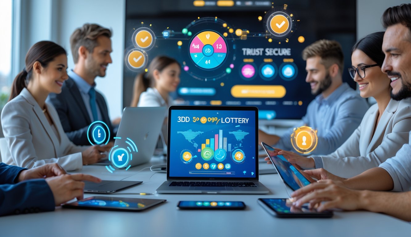 Sekelompok orang menggunakan perangkat digital di ruang kerja modern dengan grafik lotere 3D yang menampilkan suasana aman dan terpercaya.