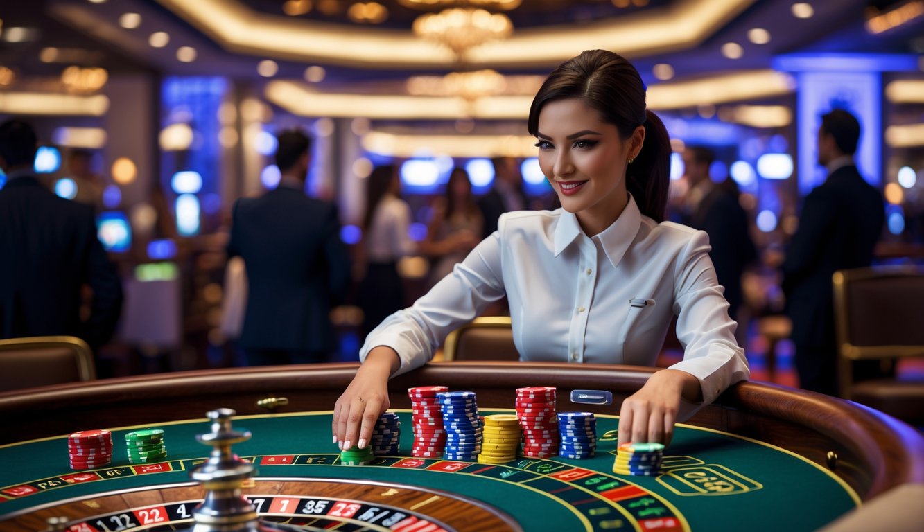 Seorang dealer profesional sedang mengelola meja roulette langsung di kasino dengan pemain yang memperhatikan permainan.