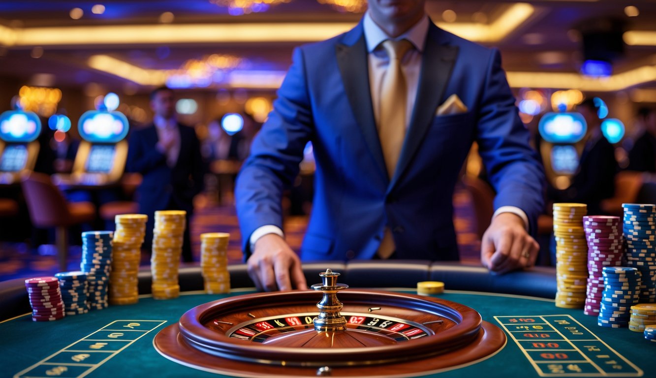 Seorang dealer di meja roulette langsung dengan tumpukan chip dan pemain yang menonton di latar belakang kasino.