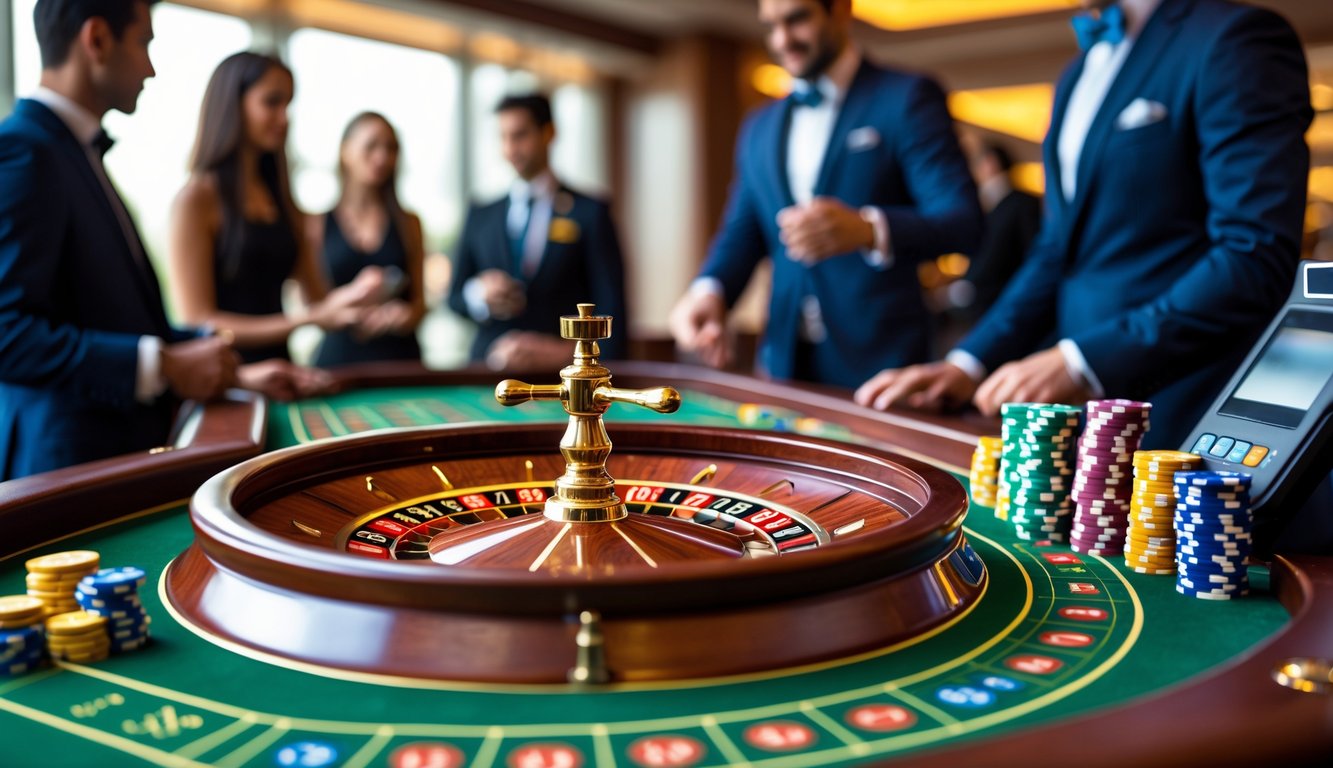 Meja roulette di kasino dengan roda roulette berputar dan tumpukan chip warna-warni, dikelilingi oleh pemain yang sedang bermain dan suasana kasino yang ramai.