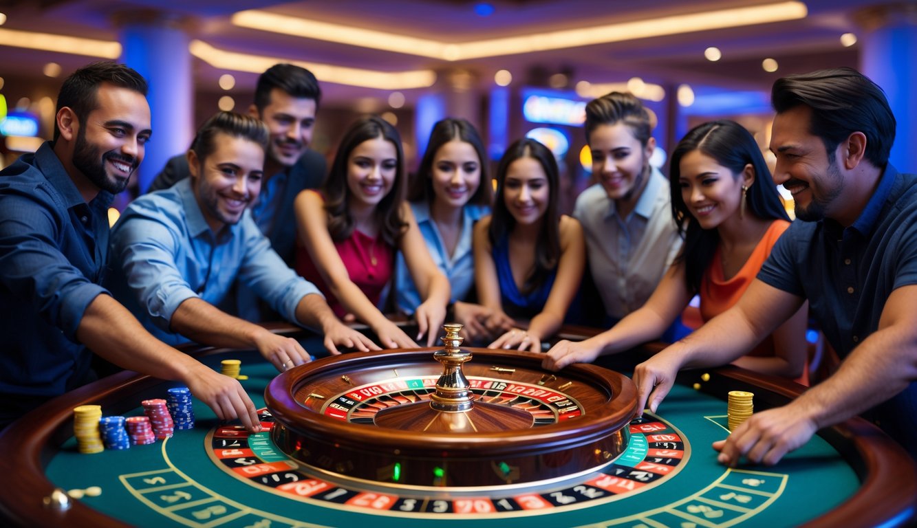 Beberapa pemain berkumpul di sekitar meja roulette di kasino, menempatkan taruhan dan memperhatikan roda roulette yang berputar.