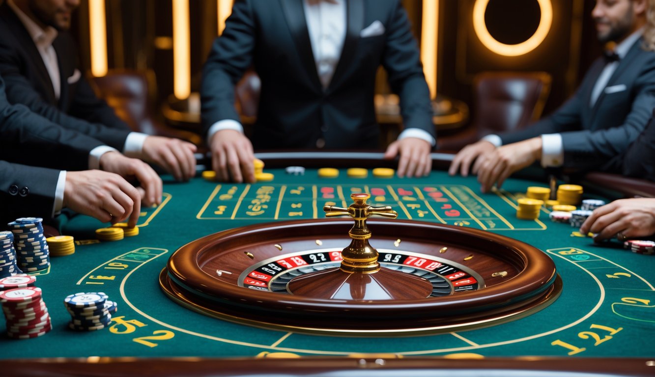 Meja roulette langsung eksklusif dengan pemain dan dealer di kasino mewah.