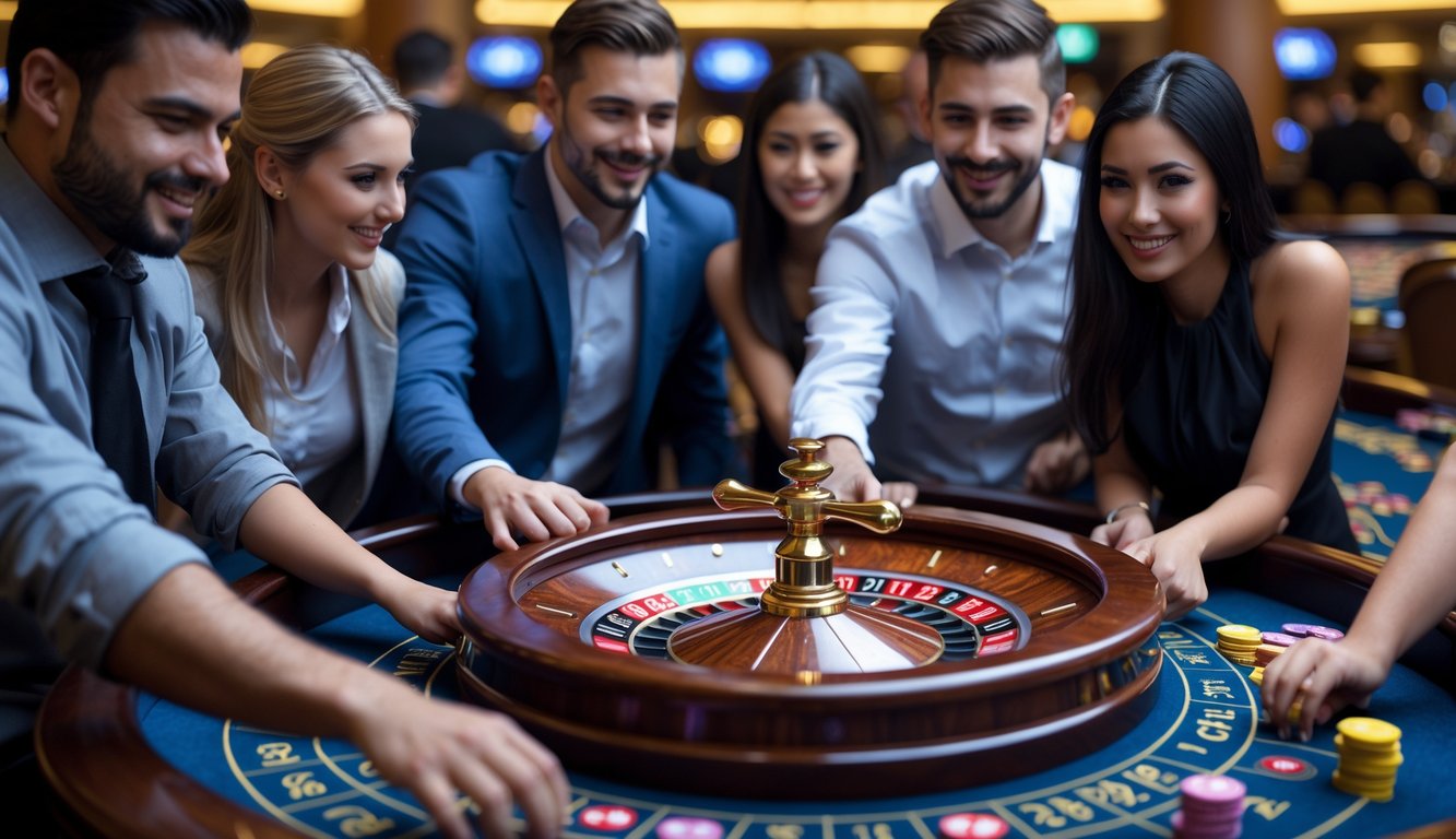 Sejumlah pemain beragam usia dan latar belakang sedang bermain roulette langsung di meja kasino yang modern dan terang.