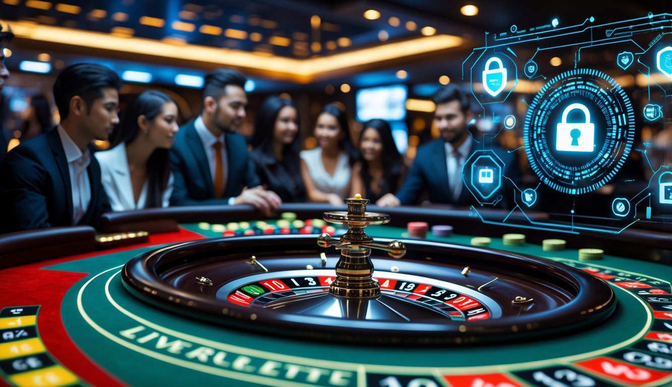 Meja roulette langsung di kasino dengan pemain yang fokus dan elemen keamanan digital di latar belakang.