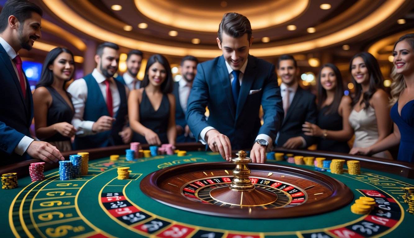 Seorang dealer sedang memutar roda roulette di meja kasino dengan pemain yang memasang taruhan di sekitarnya.