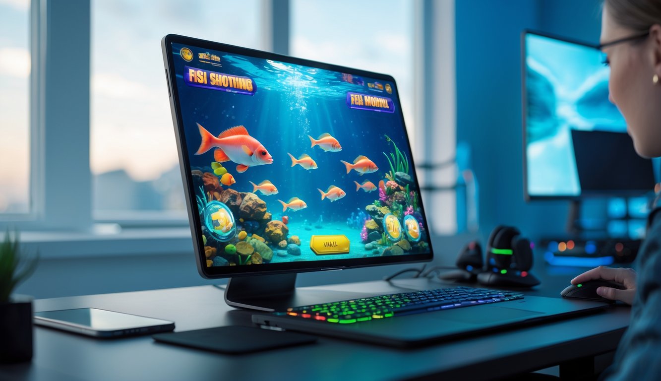 Layar komputer menampilkan permainan tembak ikan dengan grafik bawah laut berwarna-warni di meja kerja yang rapi dan terang.