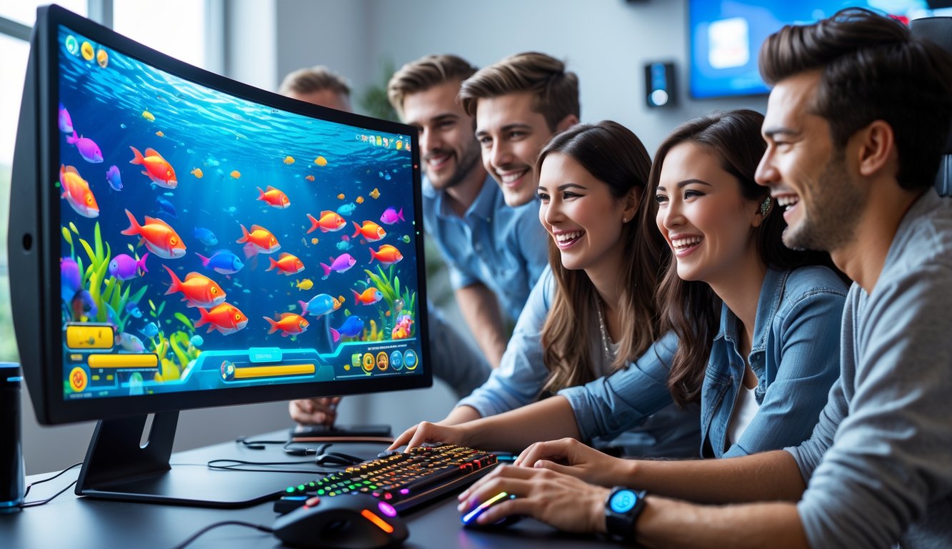 Sekelompok orang muda bermain game menembak ikan 4D secara online di depan komputer dengan layar besar yang menampilkan grafik ikan berwarna-warni.