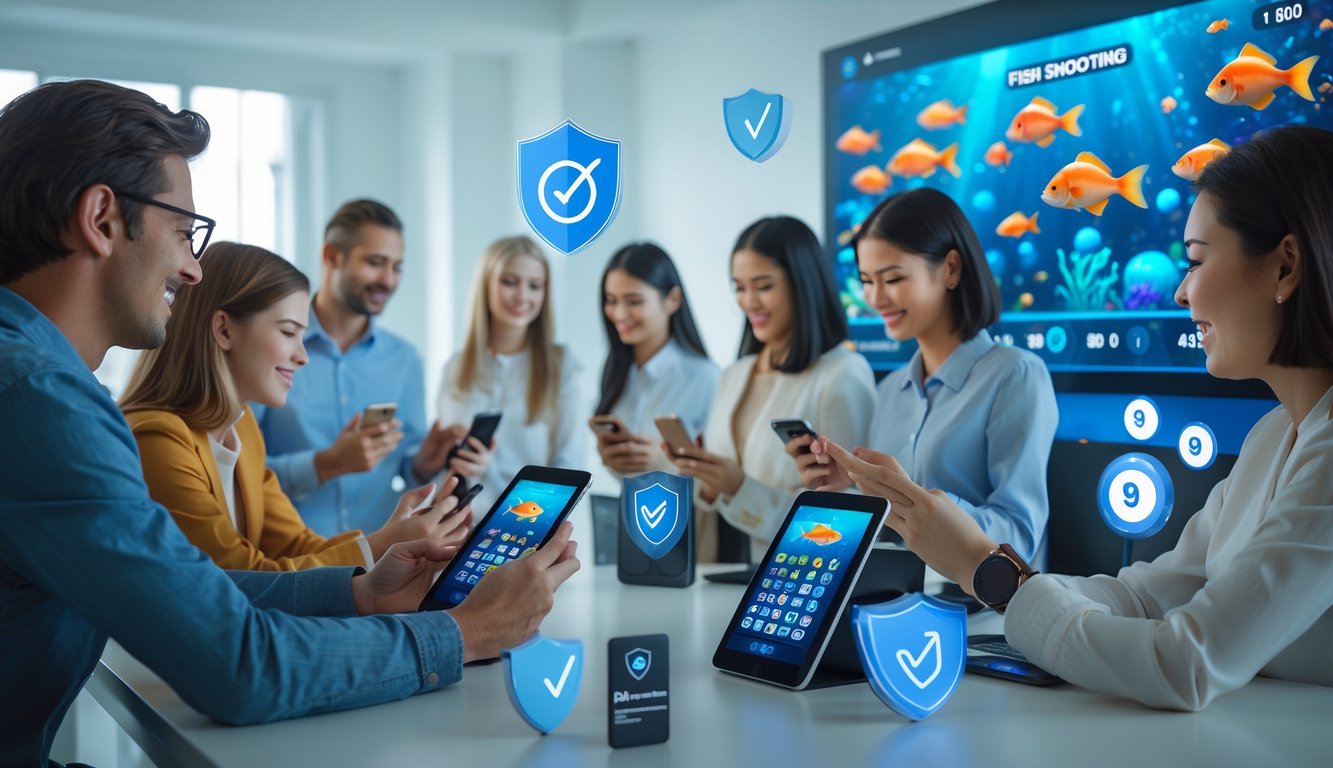 Sejumlah orang menggunakan perangkat digital untuk bermain permainan tembak ikan dan lotere 4D dalam suasana yang aman dan terpercaya.