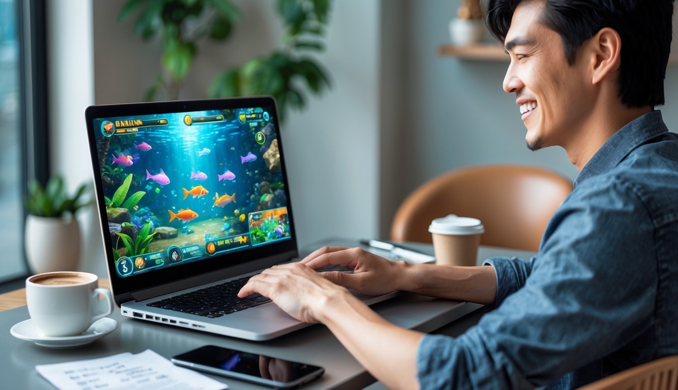 Seorang dewasa muda bermain permainan tembak ikan 4D di laptop di meja kerja dengan suasana nyaman dan pencahayaan terang.