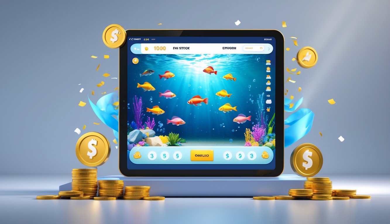 Tampilan layar perangkat digital dengan grafik ikan berwarna-warni dan elemen permainan yang menunjukkan suasana permainan tembak ikan online dengan simbol keberuntungan di sekitarnya.