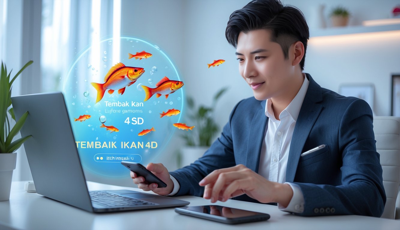 Seseorang menggunakan laptop dan ponsel di ruang kerja modern dengan latar belakang grafis ikan berwarna-warni dan angka lotere.