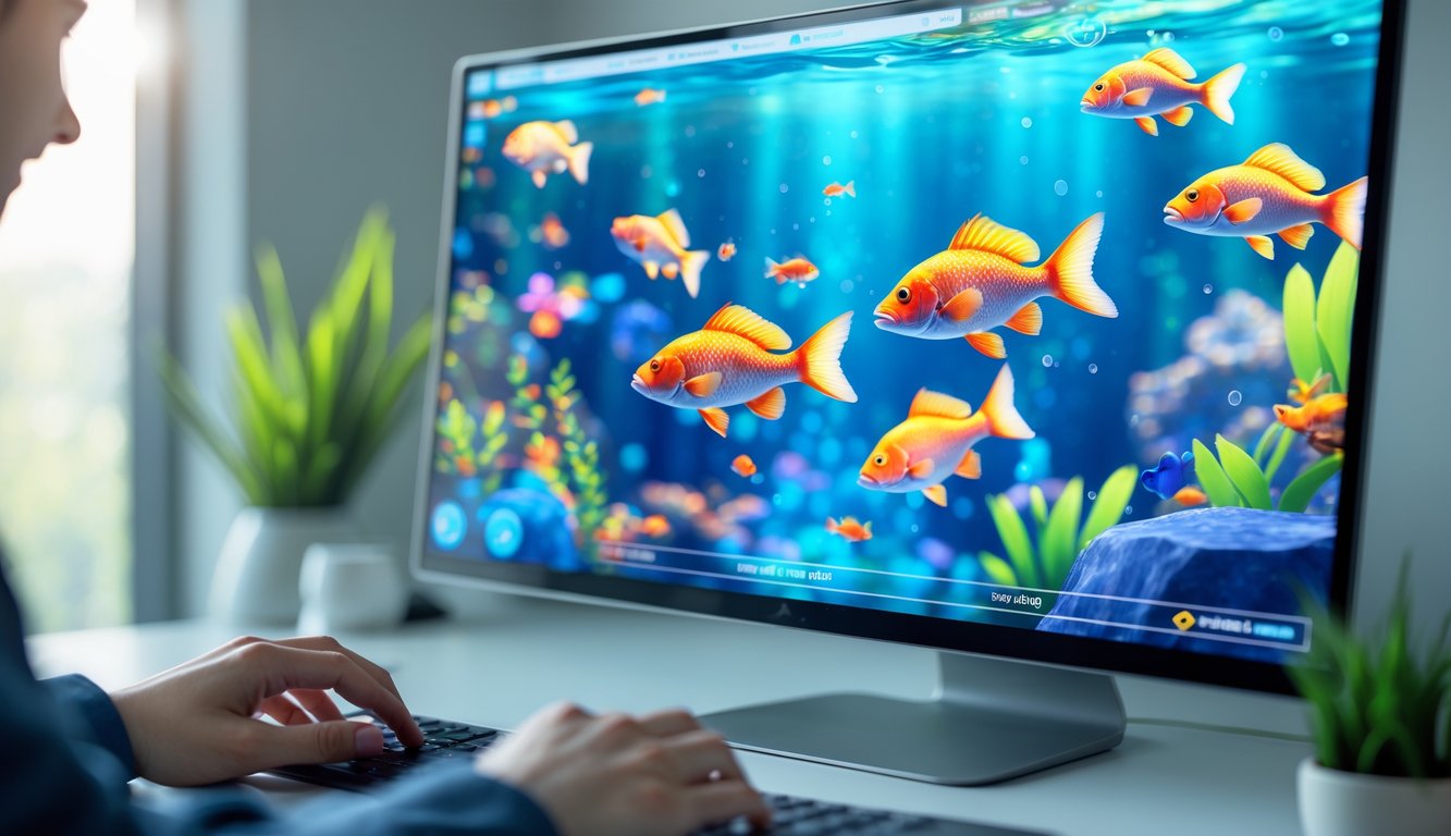 Tampilan layar komputer dengan permainan tembak ikan 4D online yang menampilkan grafik ikan berwarna-warni di lingkungan kerja modern.