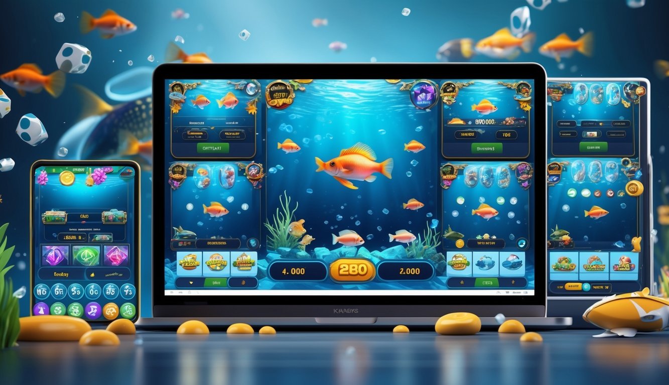 Tampilan antarmuka permainan tembak ikan dengan berbagai pilihan ruang taruhan dan ikan berwarna-warni di latar bawah laut.