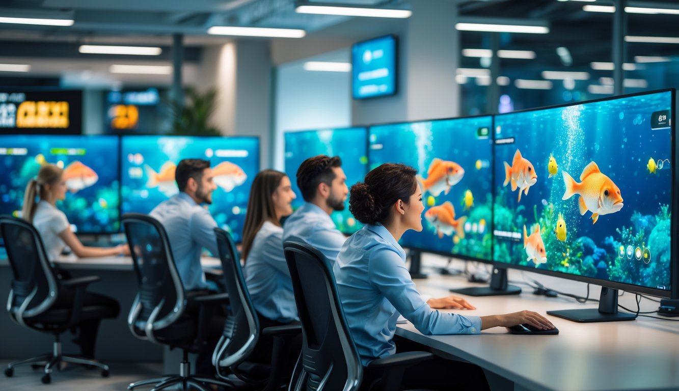 Suasana kantor modern dengan orang-orang yang bermain game tembak ikan di komputer, menampilkan grafik bawah laut dan suasana profesional.