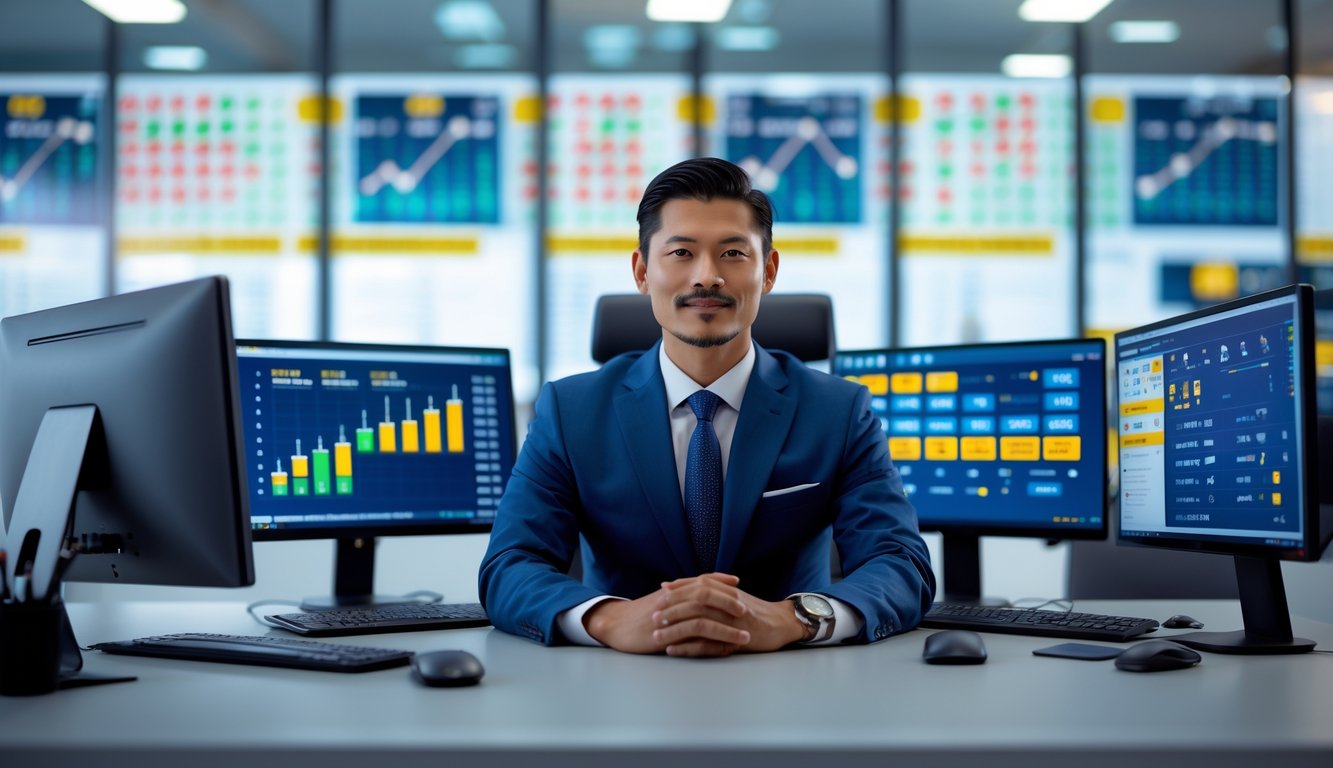 Seorang pria Asia Tenggara duduk di meja modern dengan beberapa layar komputer menampilkan grafik dan angka, di ruang kantor yang terang dan rapi.