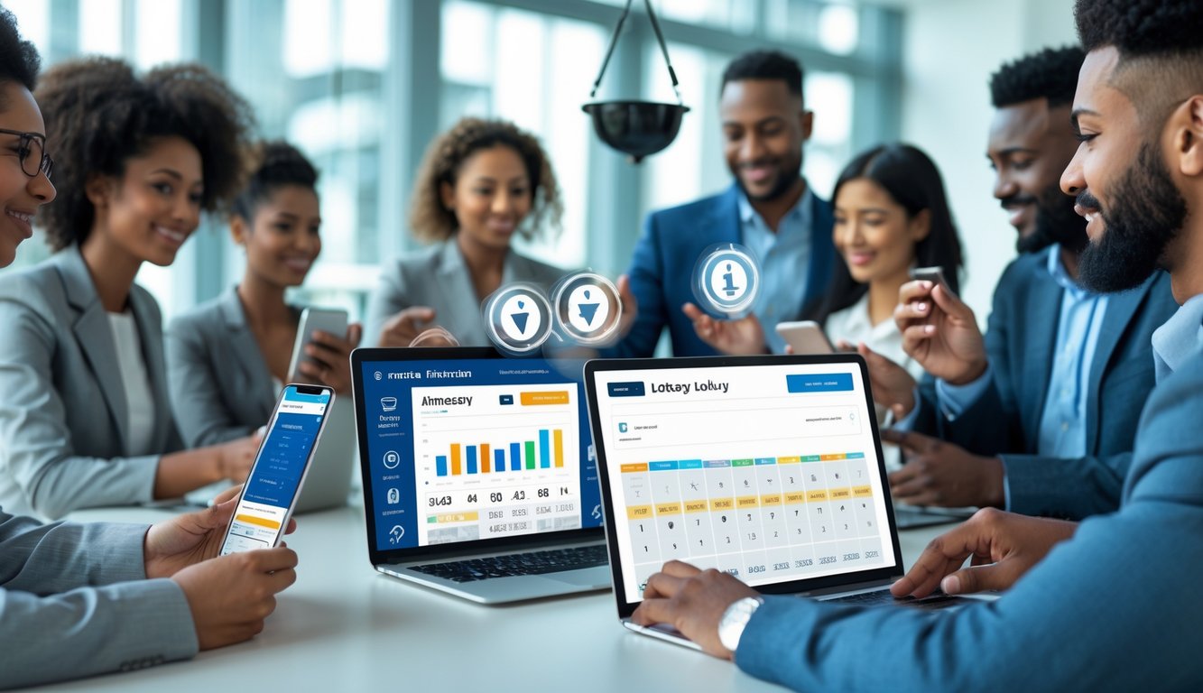 Sekelompok orang menggunakan perangkat digital di ruang kantor modern yang menunjukkan suasana aman dan adil dalam sistem togel 2D.
