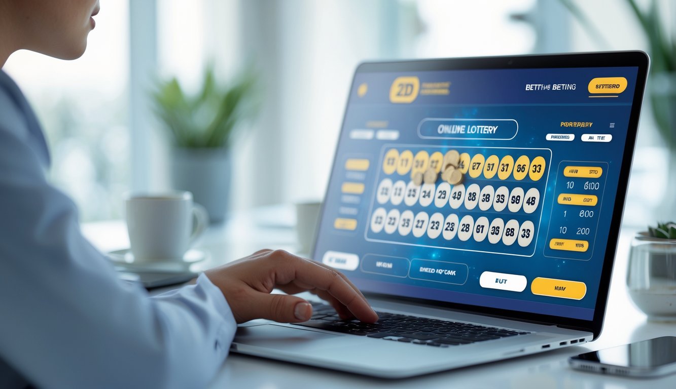 Seseorang menggunakan laptop di meja kerja dengan tampilan antarmuka lotere online yang menampilkan angka dan peluang.