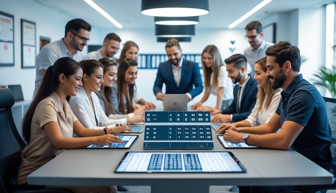 Sekelompok orang beragam usia sedang bermain permainan angka di meja modern dengan perangkat digital di ruangan yang terang dan rapi.