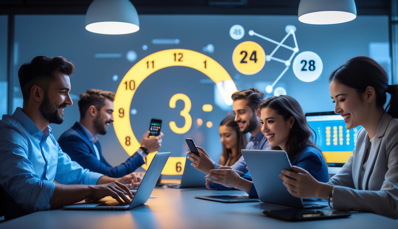 Orang-orang sedang menggunakan perangkat digital di kantor modern dengan suasana sibuk dan lampu terang.