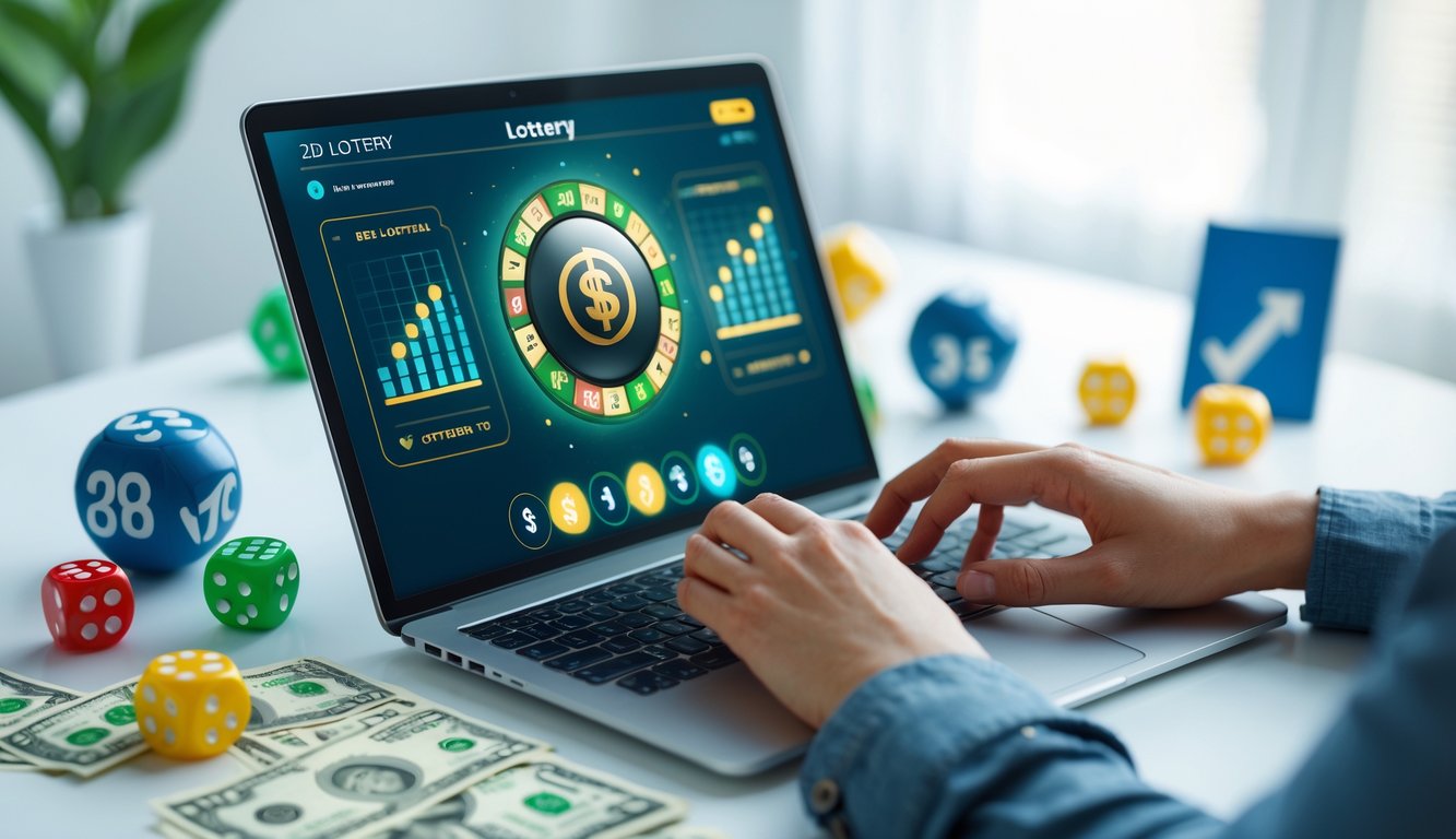 Orang menggunakan laptop di meja kerja dengan bola lotre dan uang di sekitarnya, menunjukkan aktivitas permainan lotre online.
