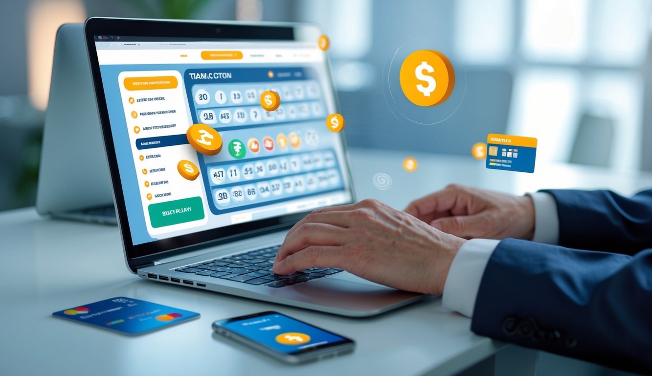 Seseorang menggunakan laptop di meja kerja modern dengan tampilan antarmuka lotere online dan simbol transaksi cepat.