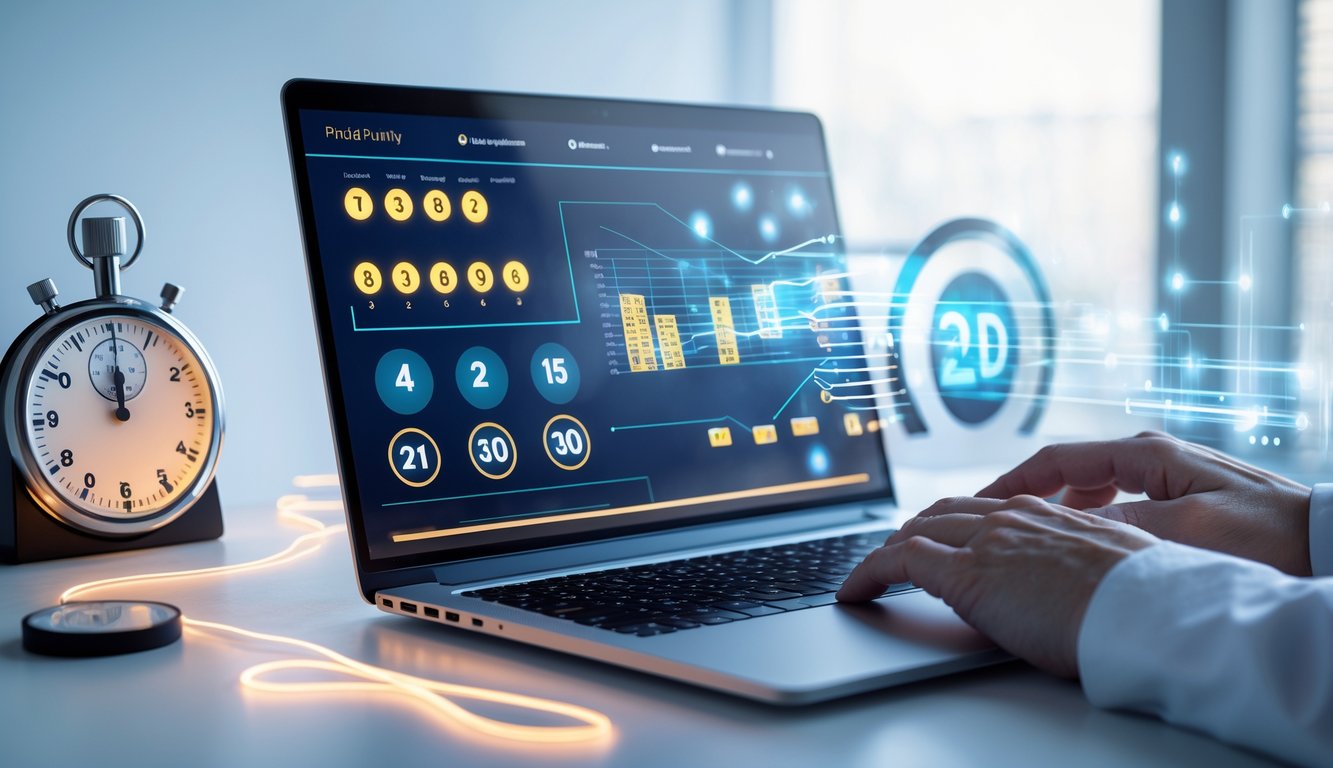 Seorang profesional menggunakan laptop di meja kerja dengan tampilan angka dan grafik yang menunjukkan hasil togel 2D secara cepat dan akurat.