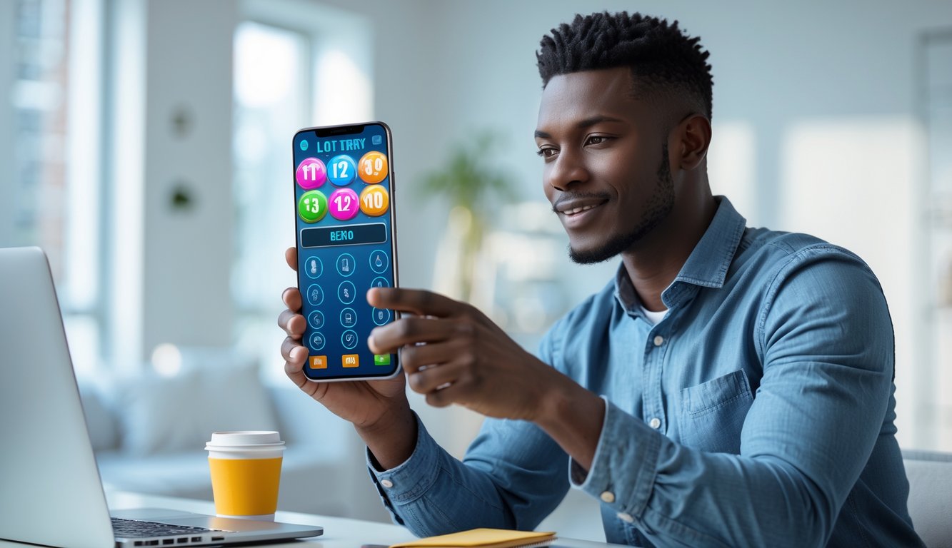 Seorang pria muda menggunakan ponsel pintar di ruangan modern, terlihat fokus dan puas saat mengakses aplikasi permainan lotere 2D.