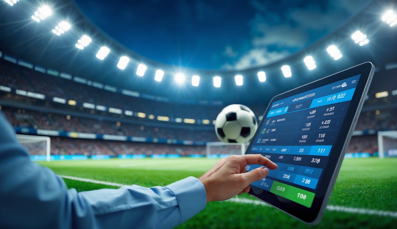 Seseorang menggunakan perangkat layar sentuh dengan latar belakang stadion sepak bola yang ramai dan terang.