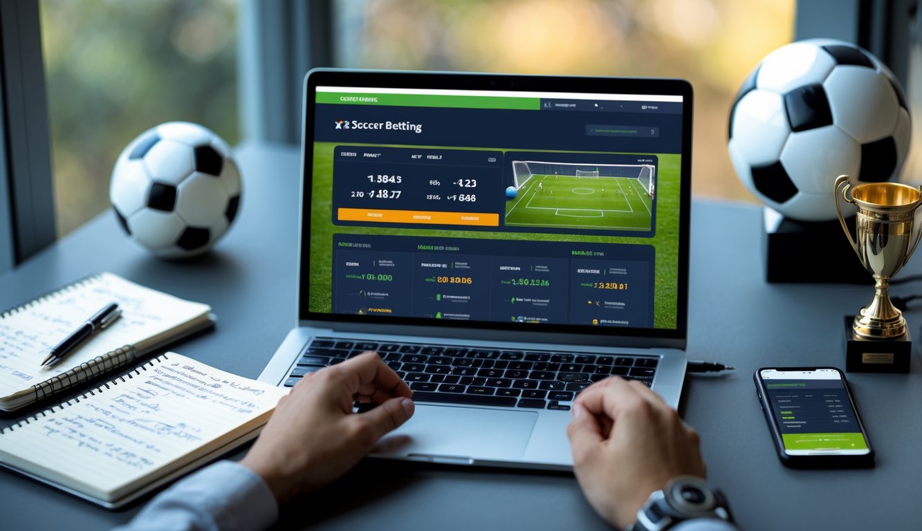 Meja kerja modern dengan laptop menampilkan situs taruhan sepak bola, buku catatan, ponsel dengan aplikasi sepak bola, bola sepak, dan trofi kecil.