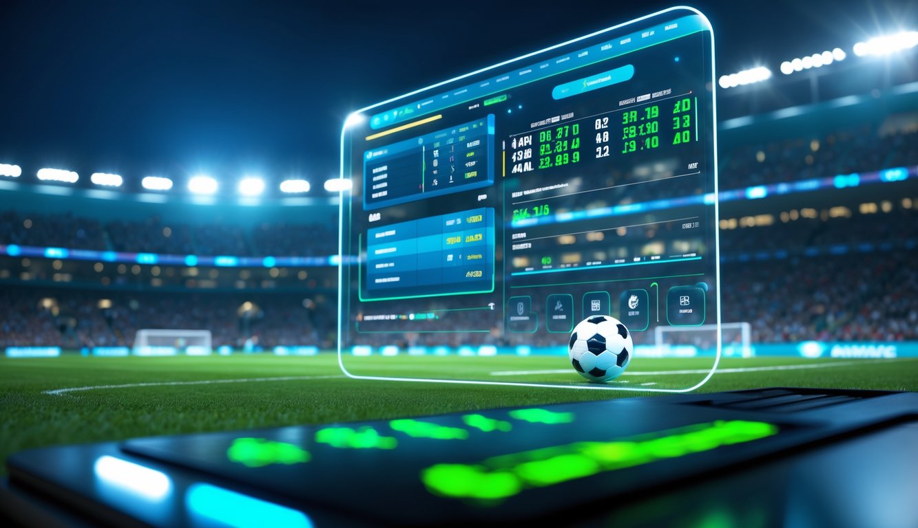 Antarmuka digital modern menampilkan peluang taruhan sepak bola dengan latar belakang stadion penuh penonton yang menonton pertandingan liga top dunia.