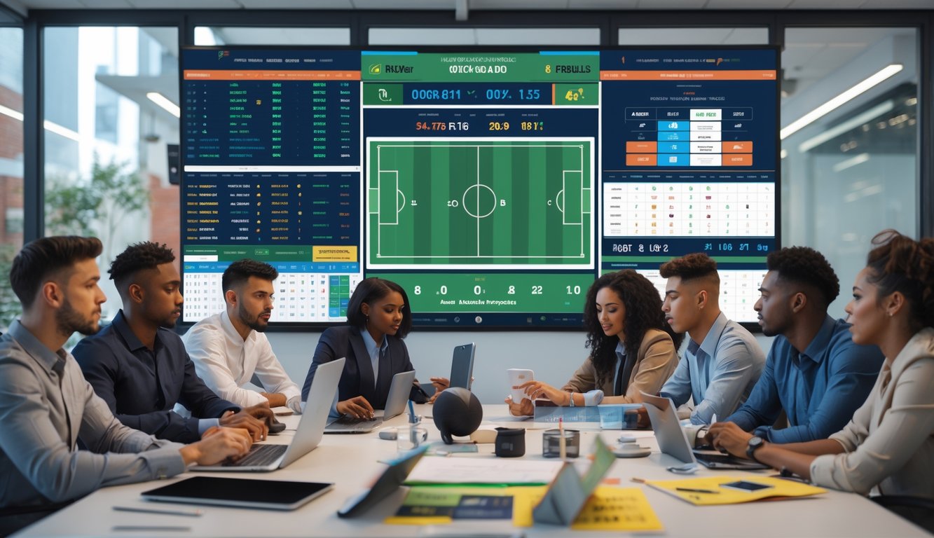 Sekelompok orang muda sedang menganalisis strategi taruhan sepak bola di kantor dengan layar digital menampilkan statistik pertandingan dan grafik peluang.