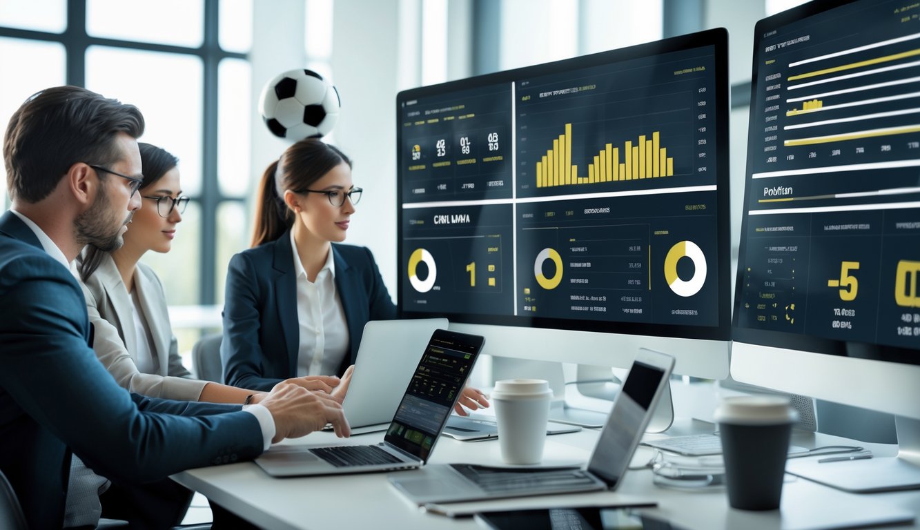 Sejumlah profesional sedang menganalisis data statistik sepak bola di kantor dengan beberapa layar komputer dan tablet.