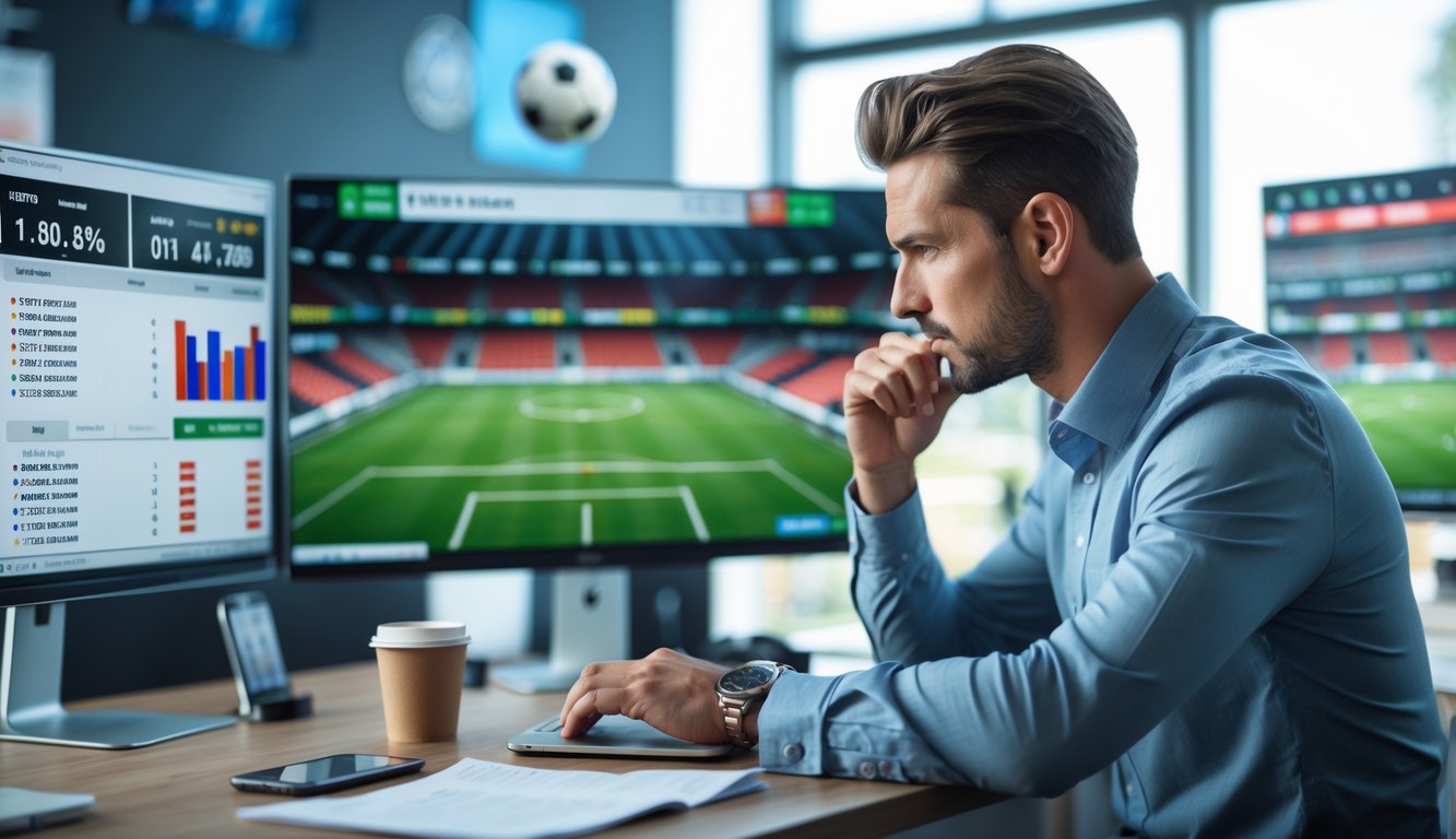 Seorang pria fokus menganalisis data taruhan sepak bola di depan laptop di kantor modern.