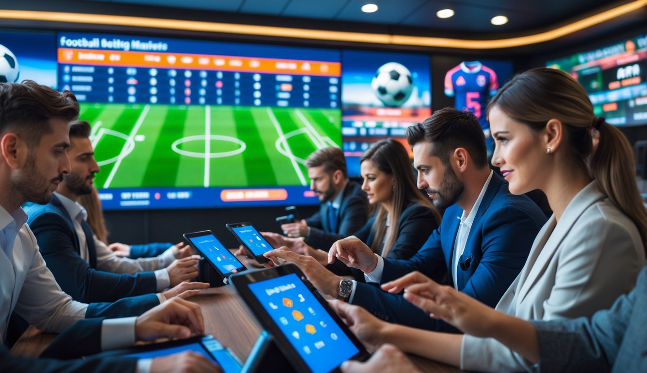 Orang-orang sedang menggunakan perangkat digital untuk melihat peluang taruhan sepak bola di sebuah ruangan modern.