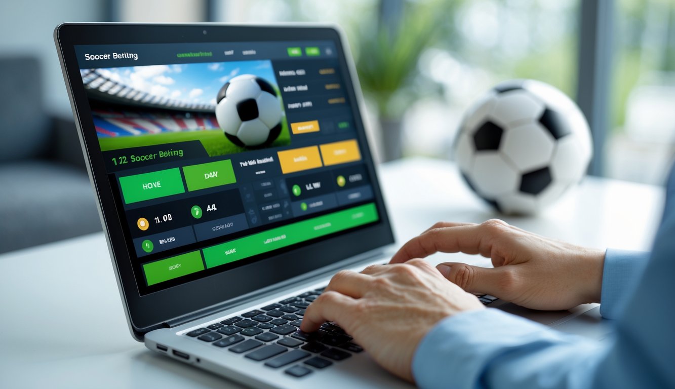 Seseorang menggunakan laptop dengan tampilan antarmuka taruhan sepak bola 1X2 yang aman dan mudah dimenangkan.