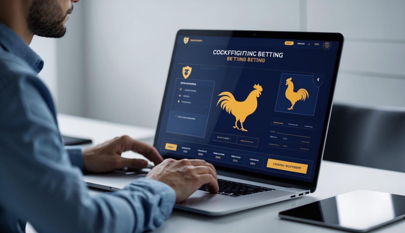 Seseorang menggunakan komputer di ruang kerja yang bersih dengan tampilan antarmuka taruhan online ayam sabung yang aman dan resmi.