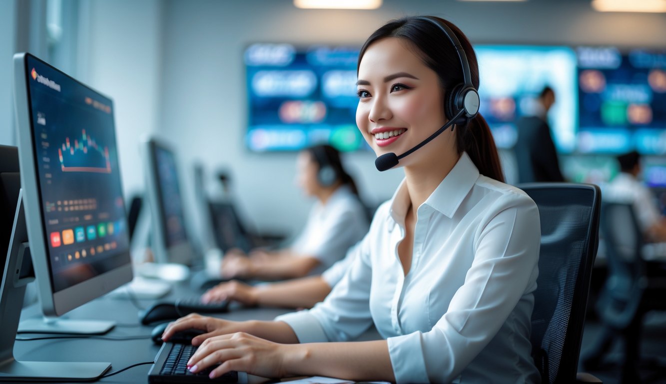 Seorang petugas layanan pelanggan di kantor modern dengan beberapa layar komputer, siap memberikan dukungan 24 jam.