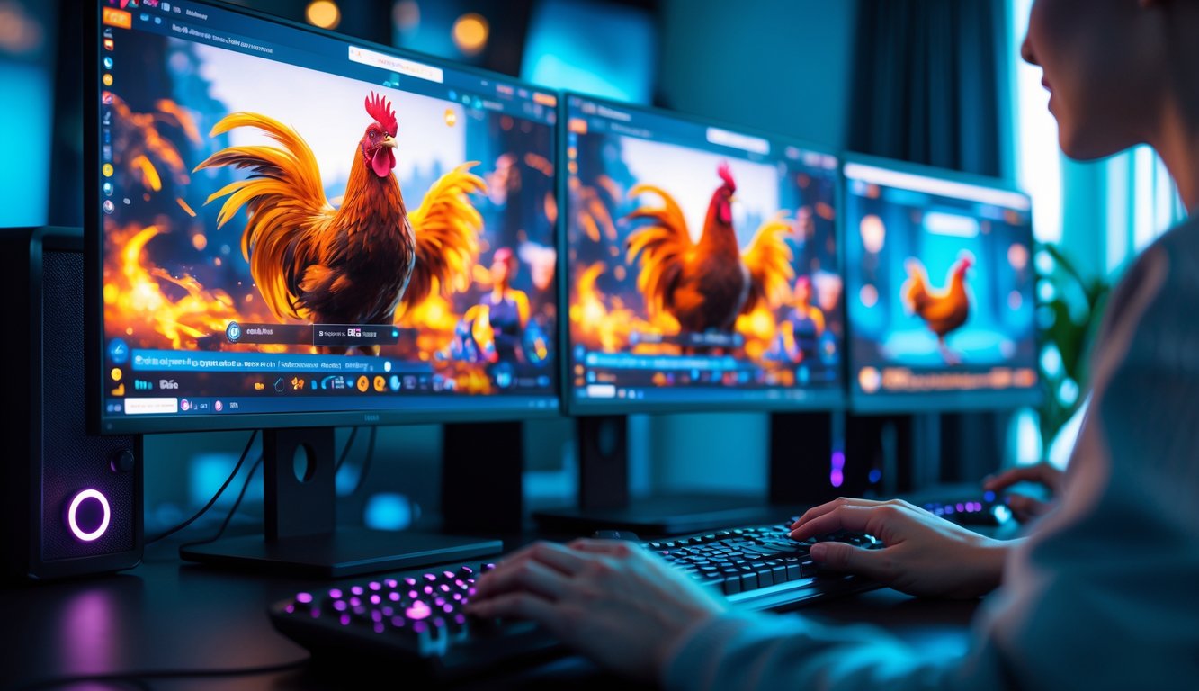 Sebuah meja dengan komputer modern menampilkan permainan sabung ayam secara virtual dengan layar yang cerah dan tangan seseorang sedang menggunakan mouse dan keyboard.