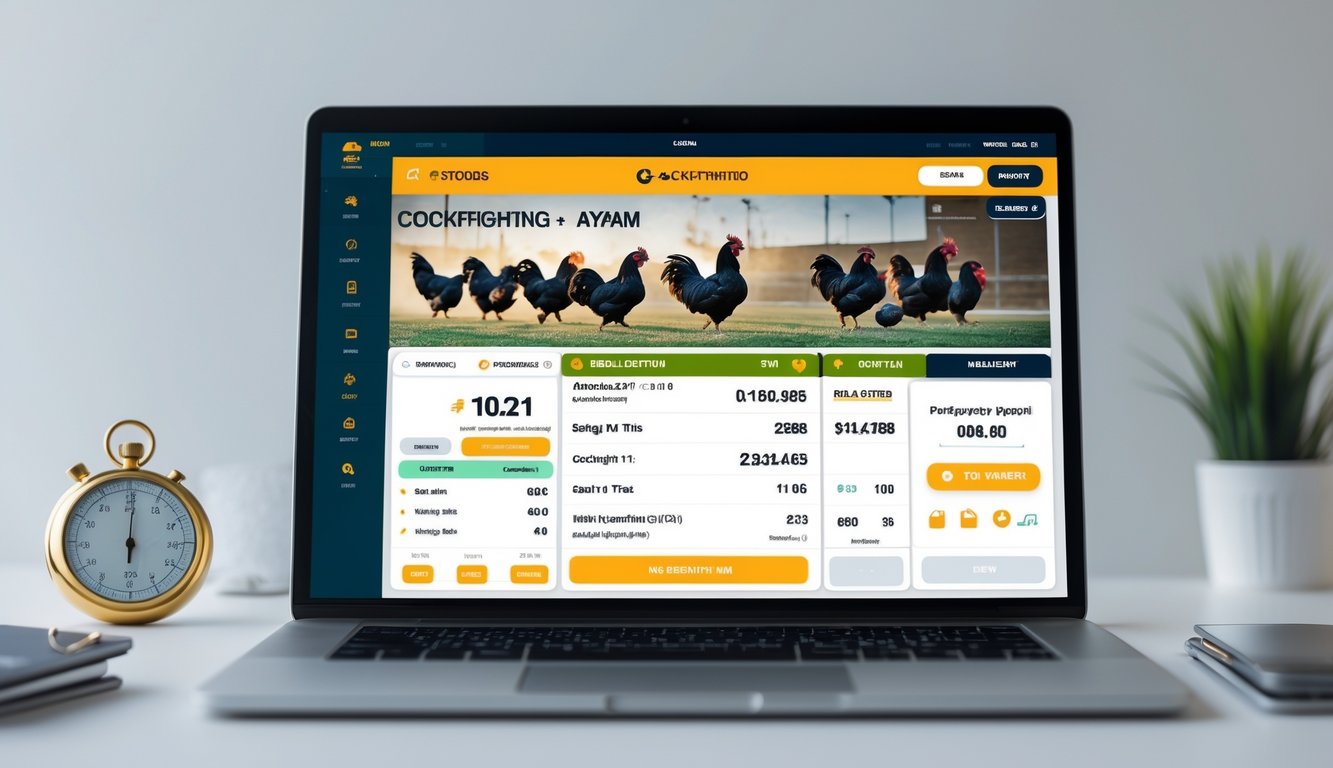 Seseorang menggunakan laptop atau ponsel untuk memasang taruhan online sabung ayam dengan tampilan antarmuka taruhan dan simbol pembayaran cepat.
