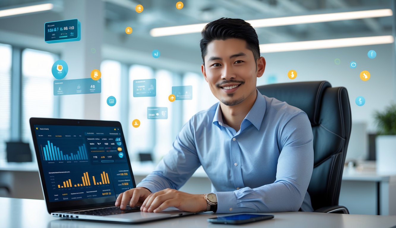 Seorang pria Asia Tenggara duduk di meja kantor dengan laptop, menunjukkan suasana kerja yang profesional dan ramah.