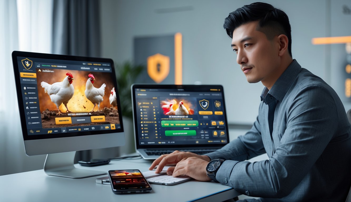 Seorang pria muda duduk di meja dengan laptop dan ponsel menampilkan aktivitas taruhan online sabung ayam dalam ruangan yang terang dan rapi.