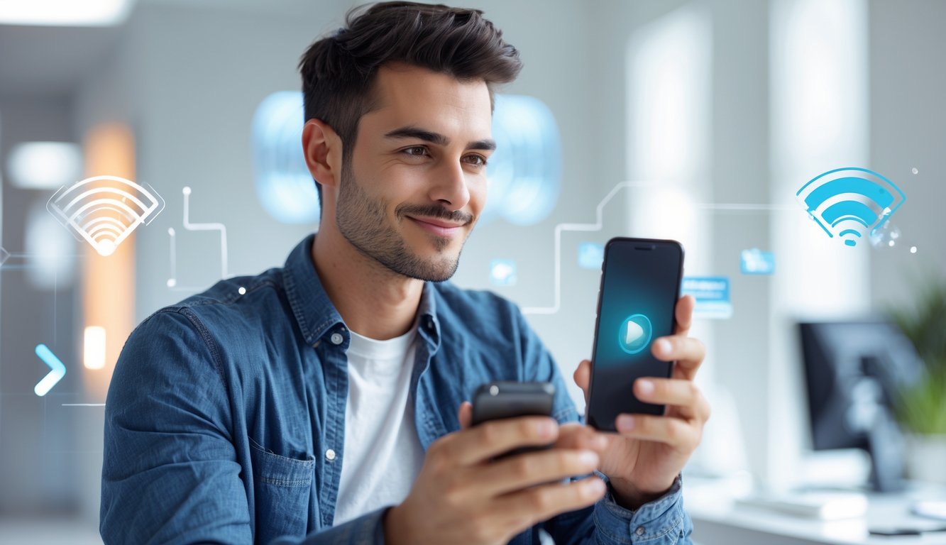 Seorang pria muda menggunakan ponsel pintar di dalam ruangan yang terang dan bersih.